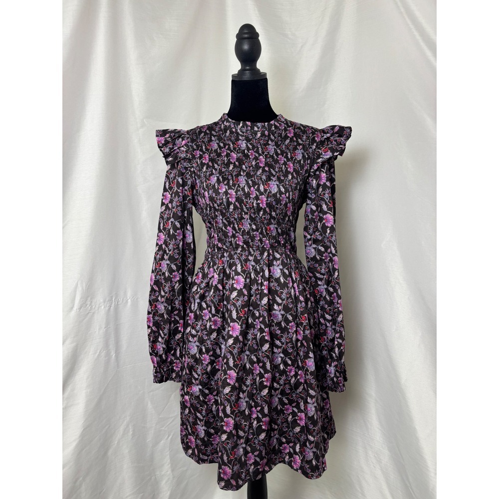 Gap Floral Smocked Mini Dress Purple Pink Ruffle Long Sleeve Cotton Blend Small